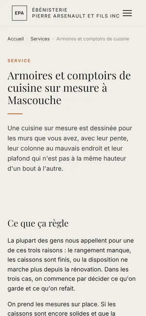 Page Armoires et comptoirs de cuisine sur mesure à Mascouche, sur téléphone
